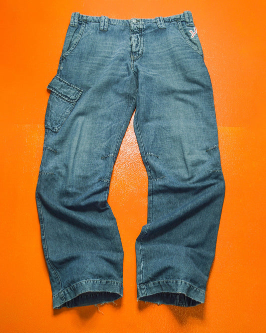 Relaxed Asymmetrical Medium Wash Blue Denim Cargo Pants (~32~)