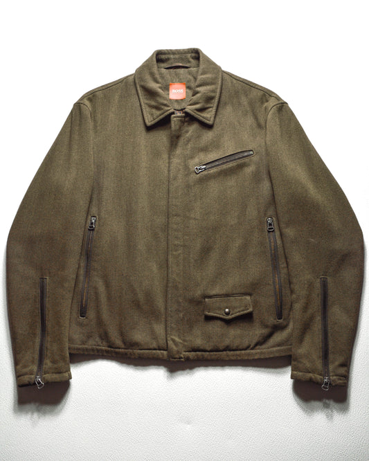 Early 2000s Olive Brown Asymmetrical Work Jacket with Knit Print Interior (~M~)