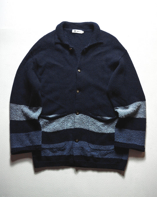 90s Striped Navy  Blue Collared Button Up Sweater  Cardigan (M)