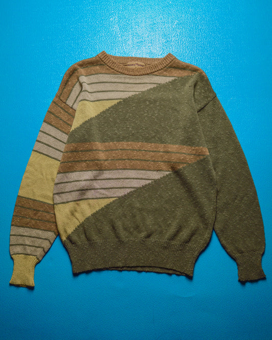 70s/ Early 80s Asymmetrical Brown Yellow Sleeve Pattern Knit Jumper (S~M)