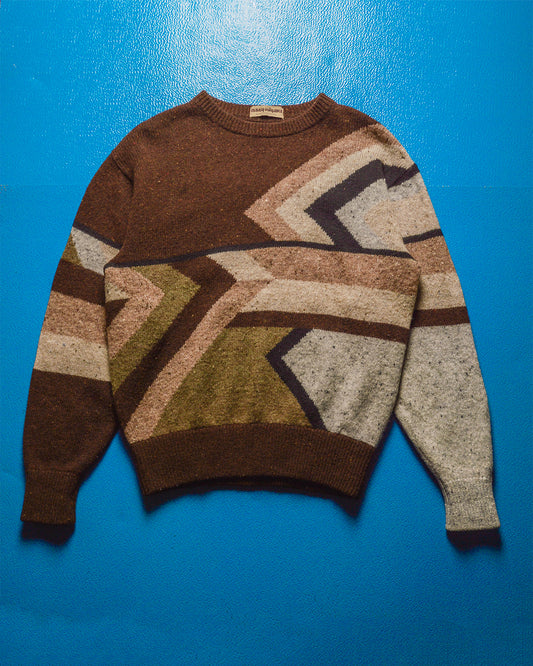 70s Earthy Brown Abstract Pattern Knit Jumper  (L~XL)