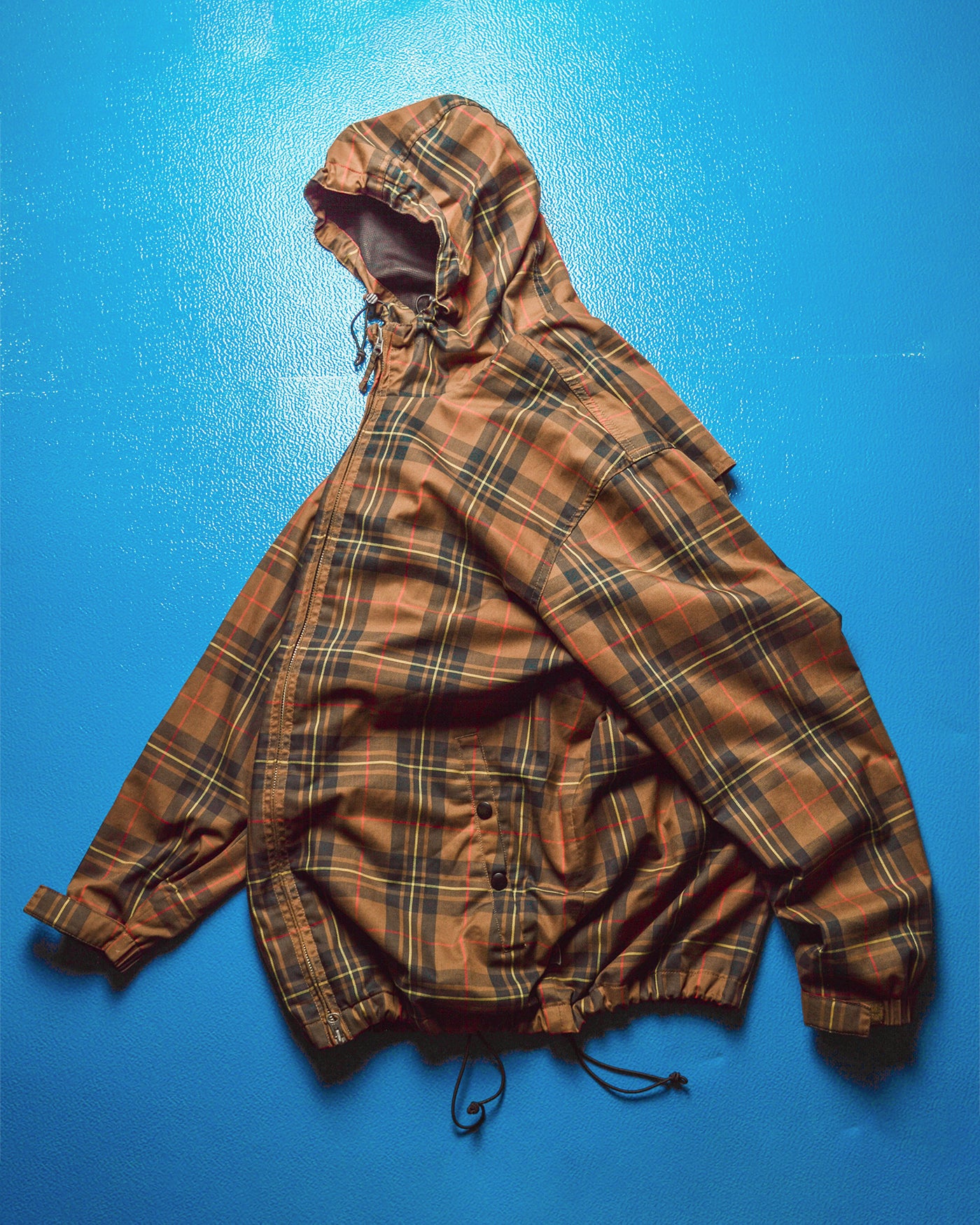 Brown Yellow Red Plaid Nylon Windbreaker Jacket (~L~)