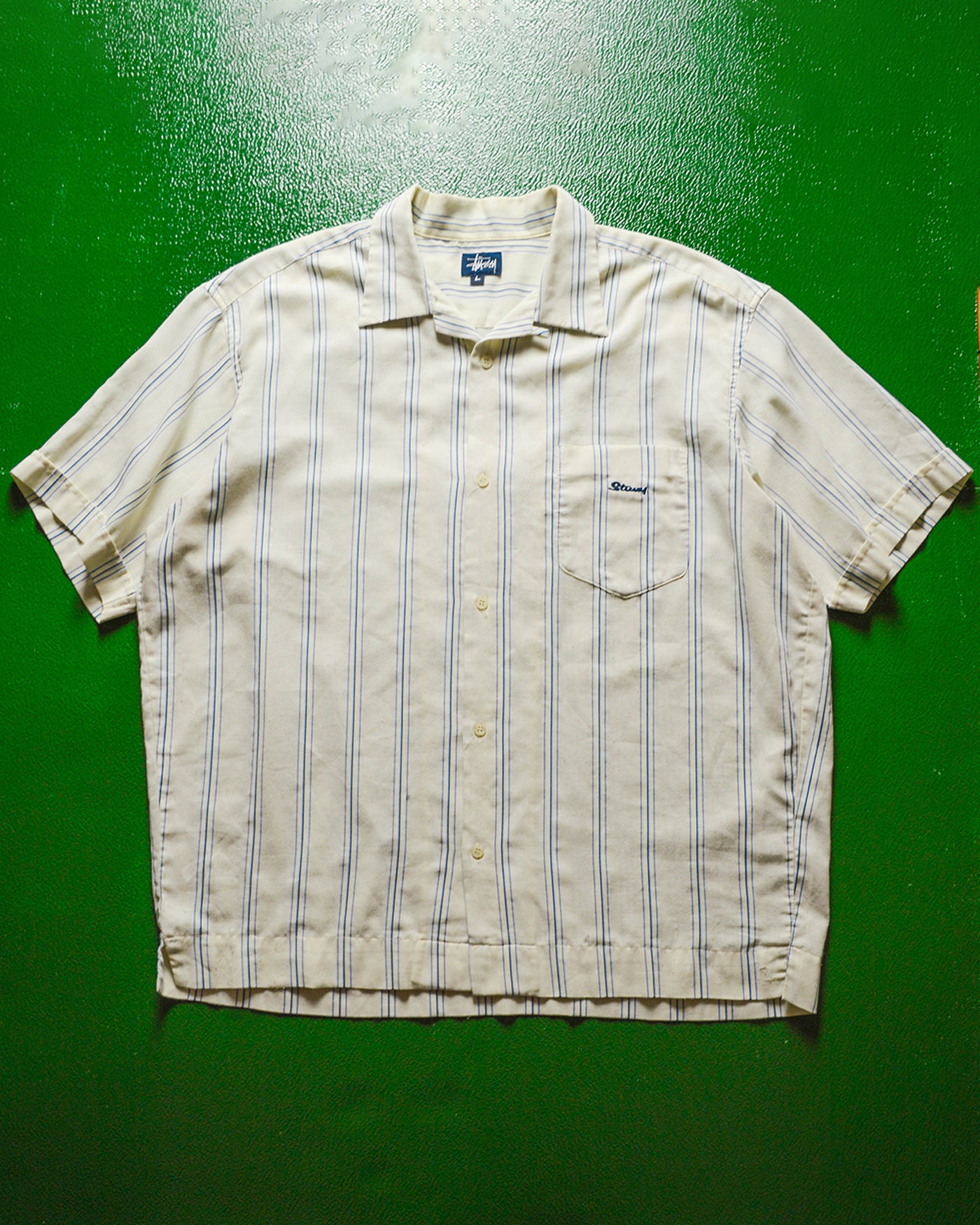 Cream Blue Striped Textured Embroidered Logo Short Sleeve Summer Shirt (XL~XXl)