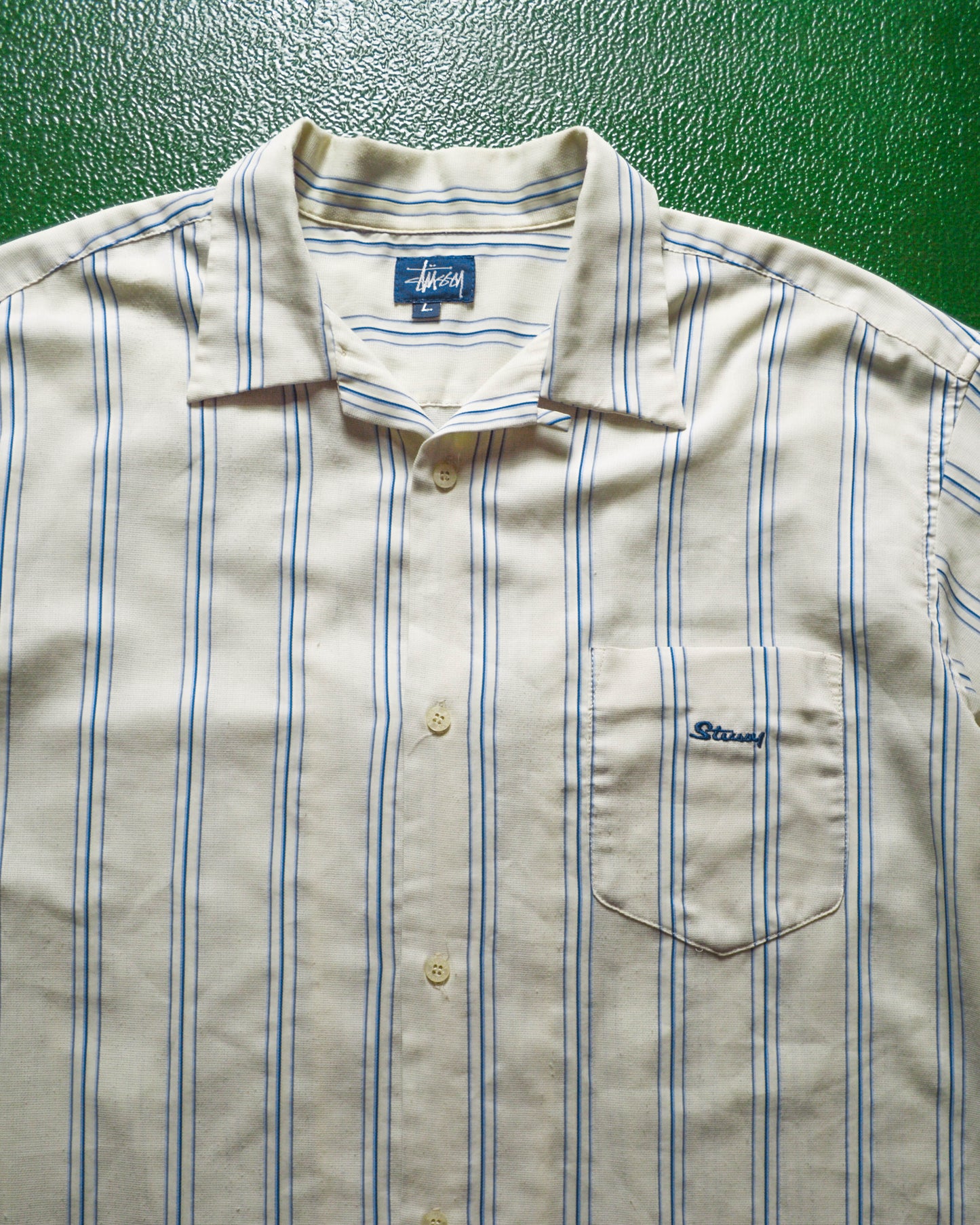 Cream Blue Striped Textured Embroidered Logo Short Sleeve Summer Shirt (XL~XXl)