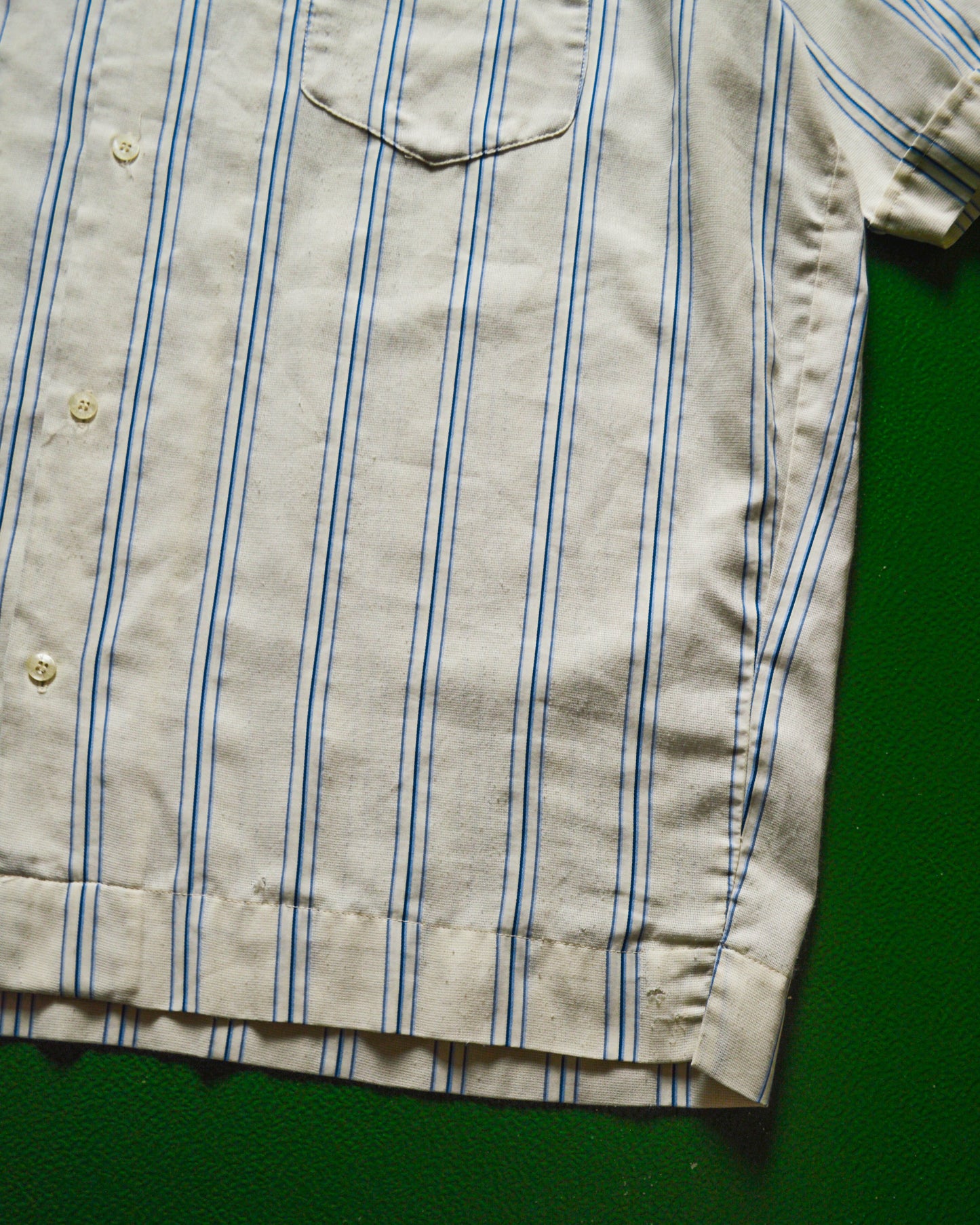 Cream Blue Striped Textured Embroidered Logo Short Sleeve Summer Shirt (XL~XXl)