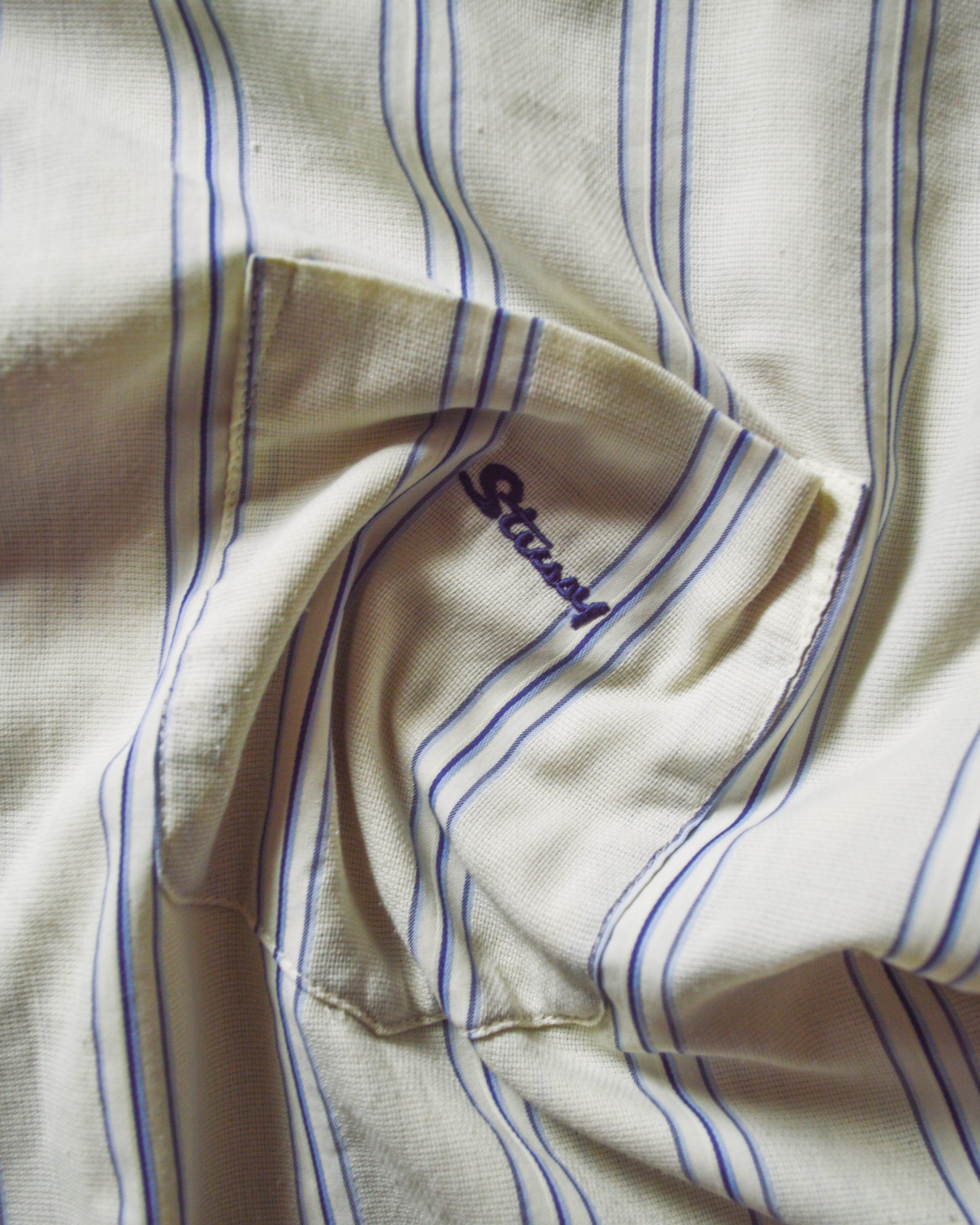 Cream Blue Striped Textured Embroidered Logo Short Sleeve Summer Shirt (XL~XXl)