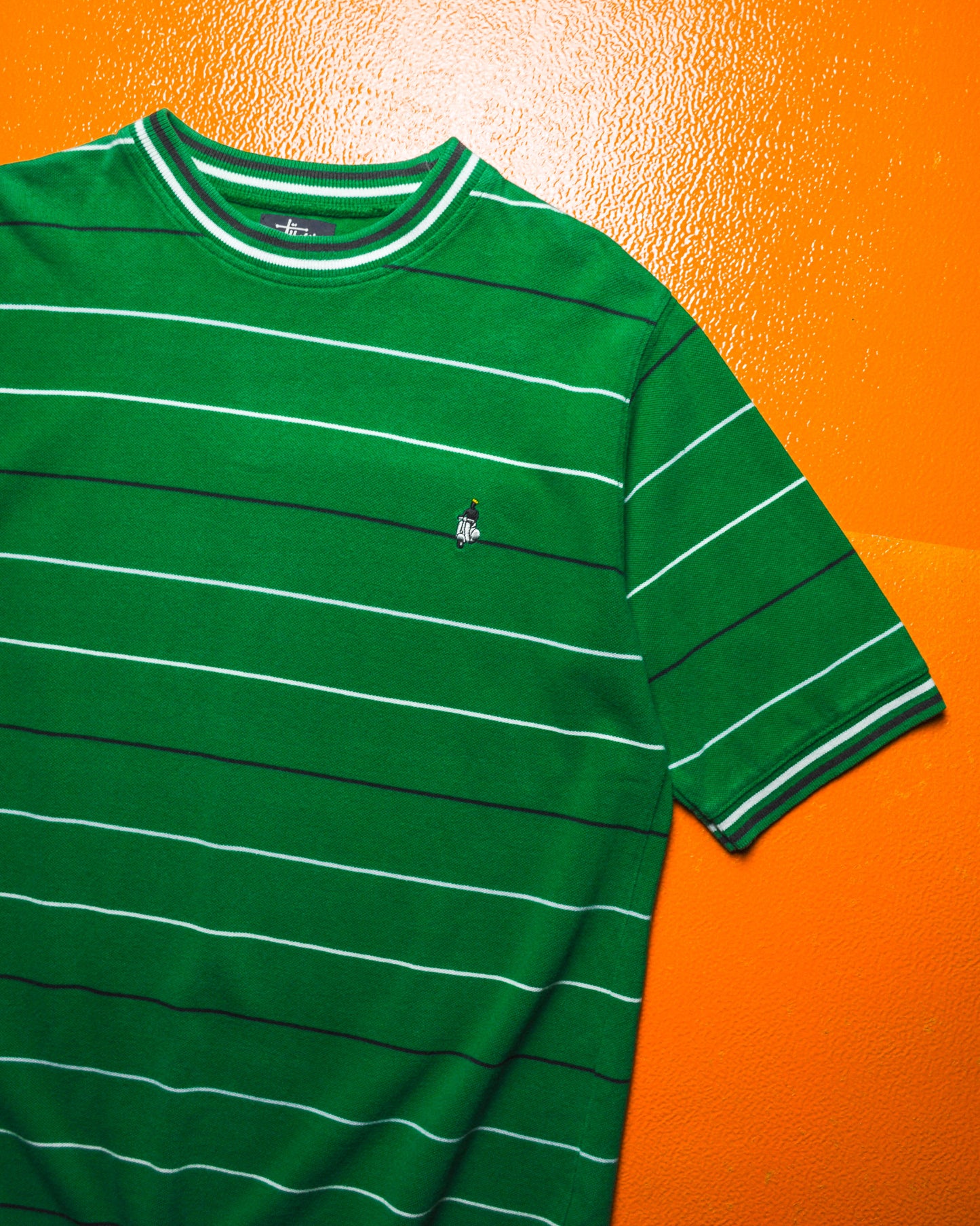 Early 2000s Pique Cotton Ribbed Striped Scooter / Moped Symbol Green T-shirt (~M~)