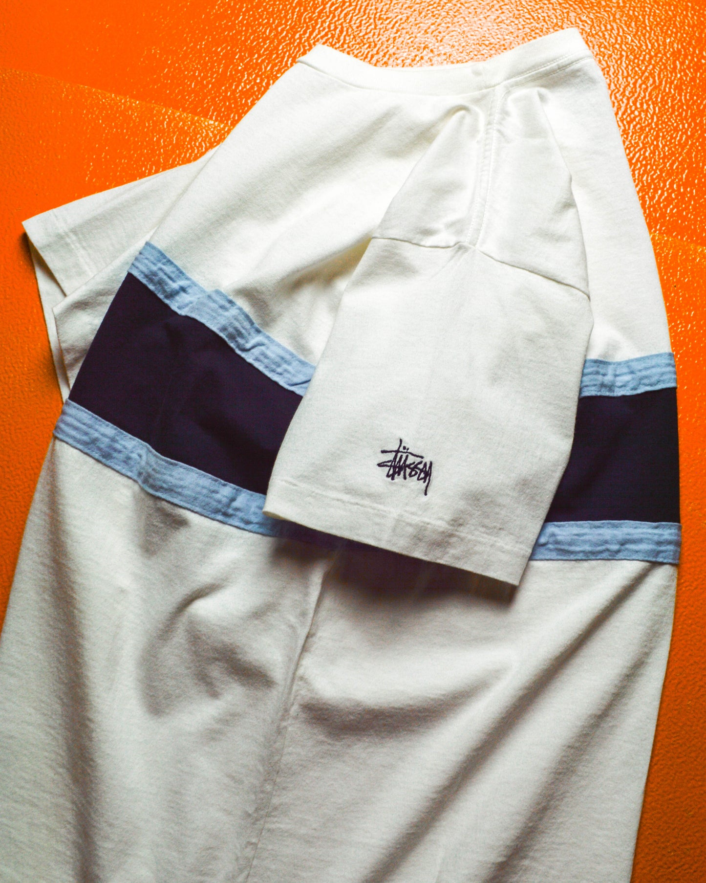 Early 2000s White Blue Half Striped Sleeve Logo T-shirt (M).