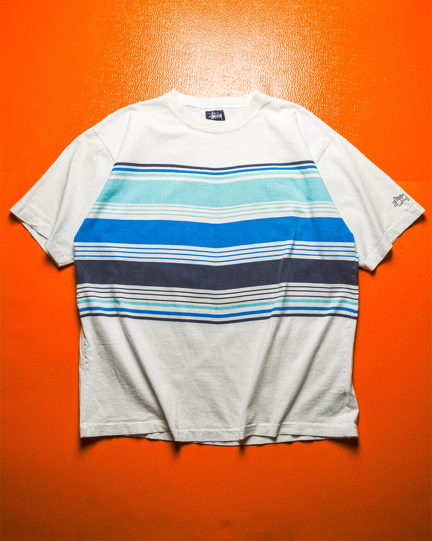 Stussy Vintage Early 2000s White Blue Half Striped Sleeve