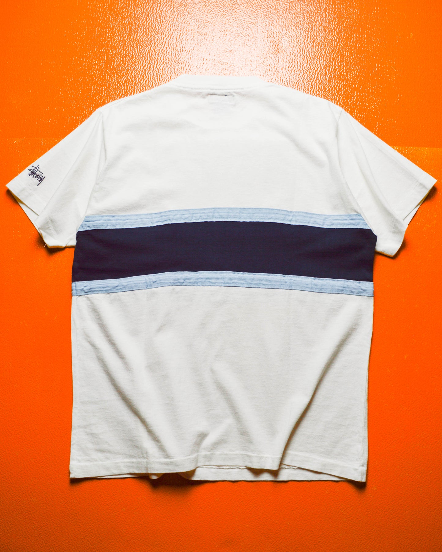 Early 2000s White Blue Half Striped Sleeve Logo T-shirt (M).