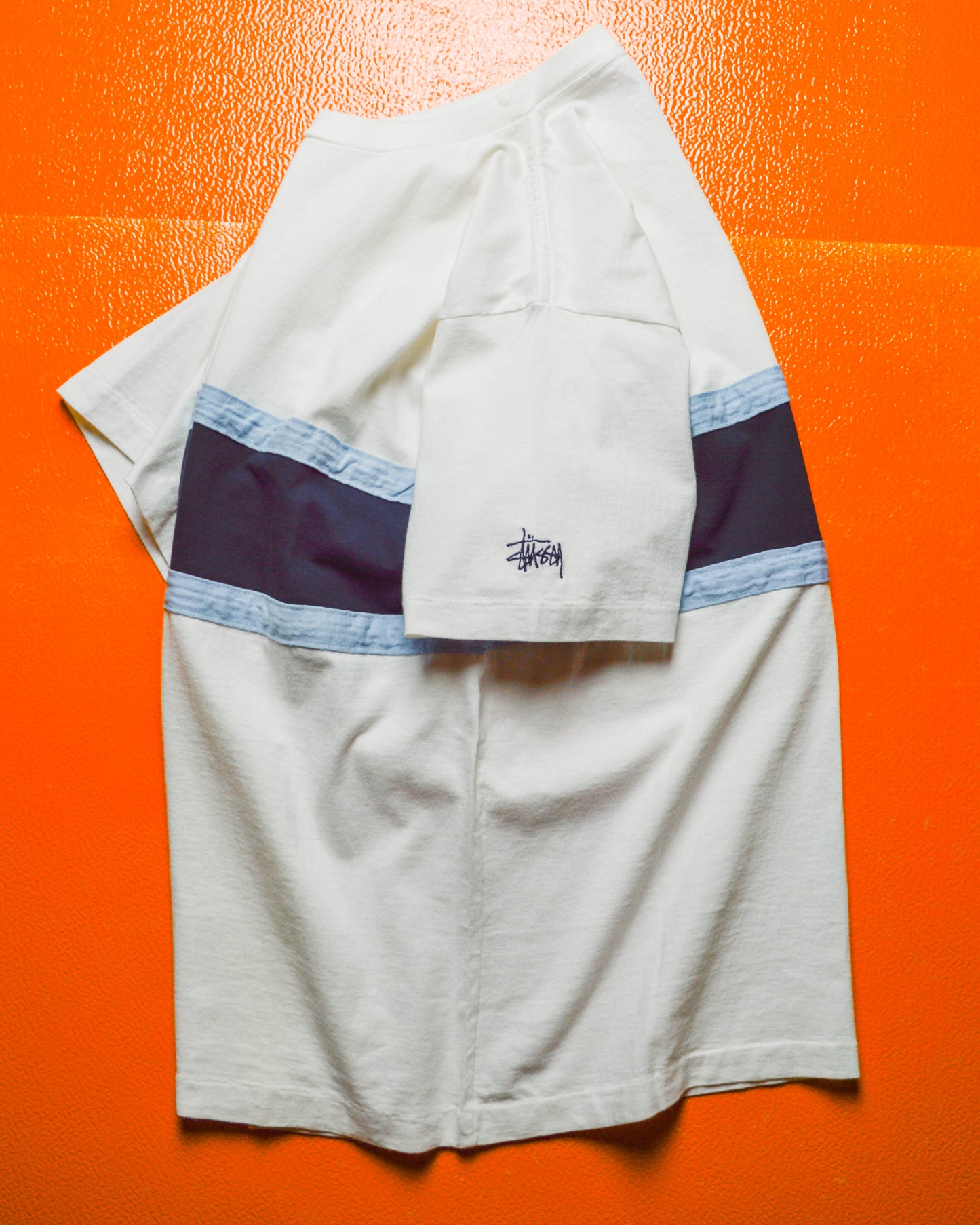 Early 2000s White Blue Half Striped Sleeve Logo T-shirt (M).