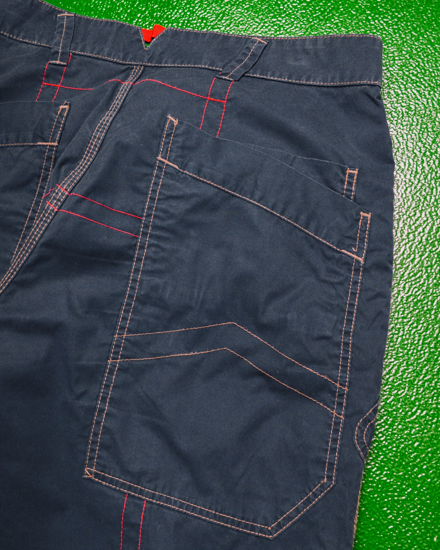Asymmetrical Navy Contrast Stitch Patch Pocket Pants (34)