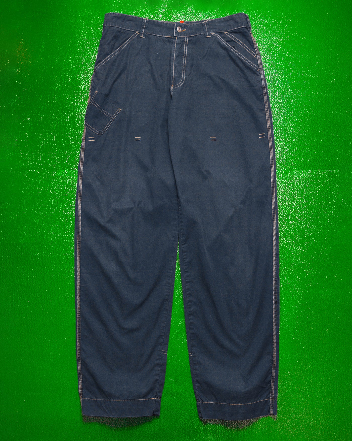 Asymmetrical Navy Contrast Stitch Patch Pocket Pants (34)