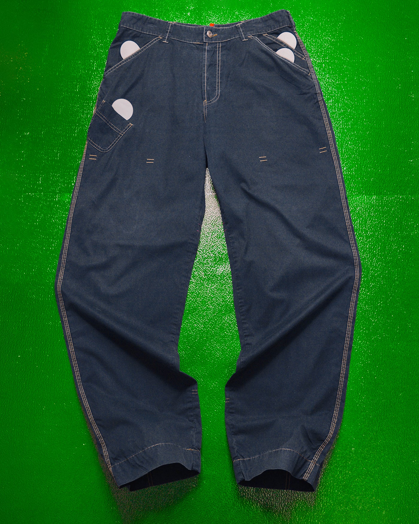 Asymmetrical Navy Contrast Stitch Patch Pocket Pants (34)