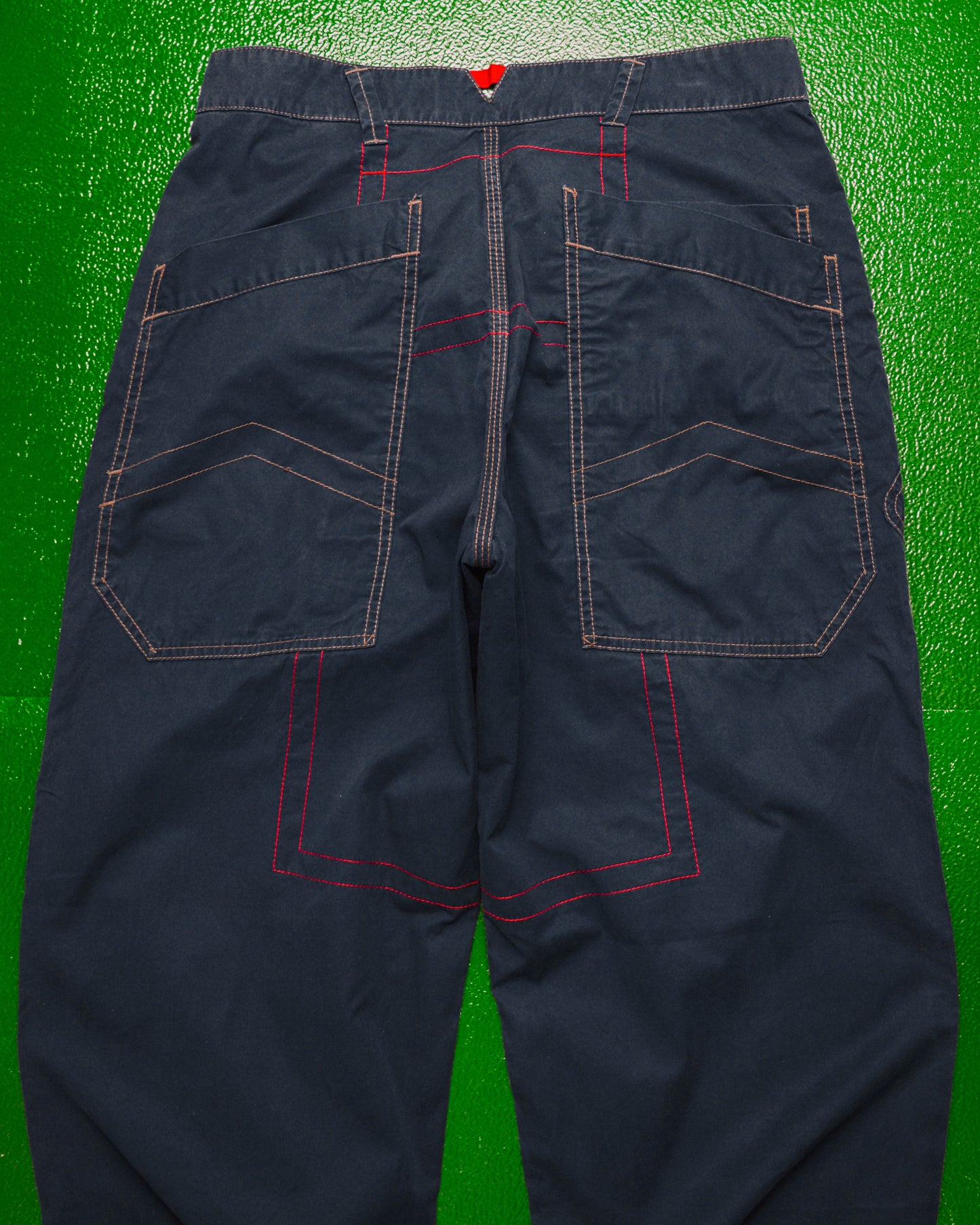 Asymmetrical Navy Contrast Stitch Patch Pocket Pants (34)