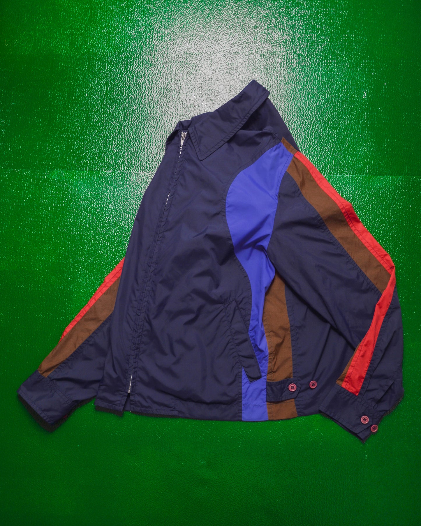Navy Blue Brown Red Panelled Lightweight Nylon Zip Up Jacket (M)