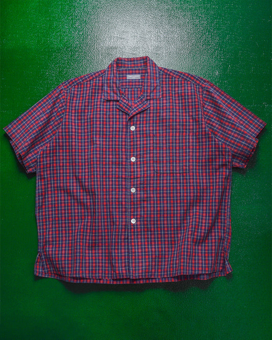90s Boxy Plaid Red / Navy Open Collar Shortsleeve Shirt (~L~)