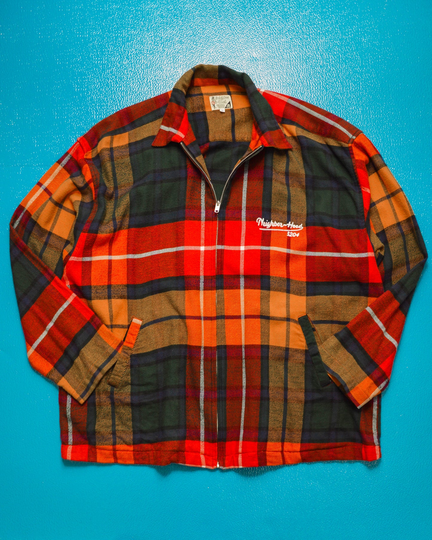 90s Mixed Plaid Zip Up Over Shirt (L)