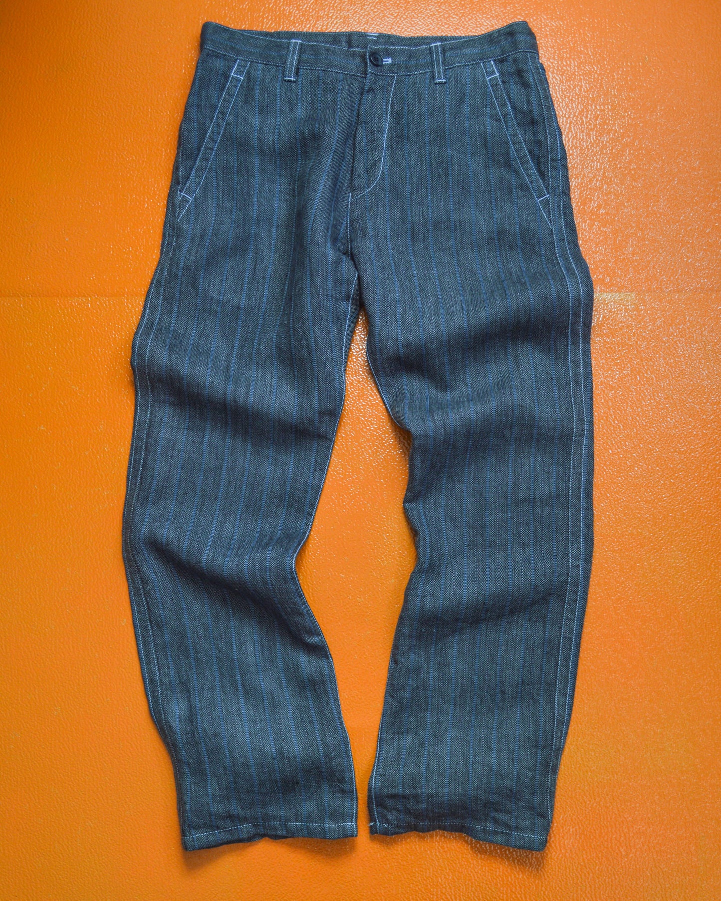 Comme Des Garçons Homme 2005 Linen Grey Blue Striped Jacquard Pants (30~32)