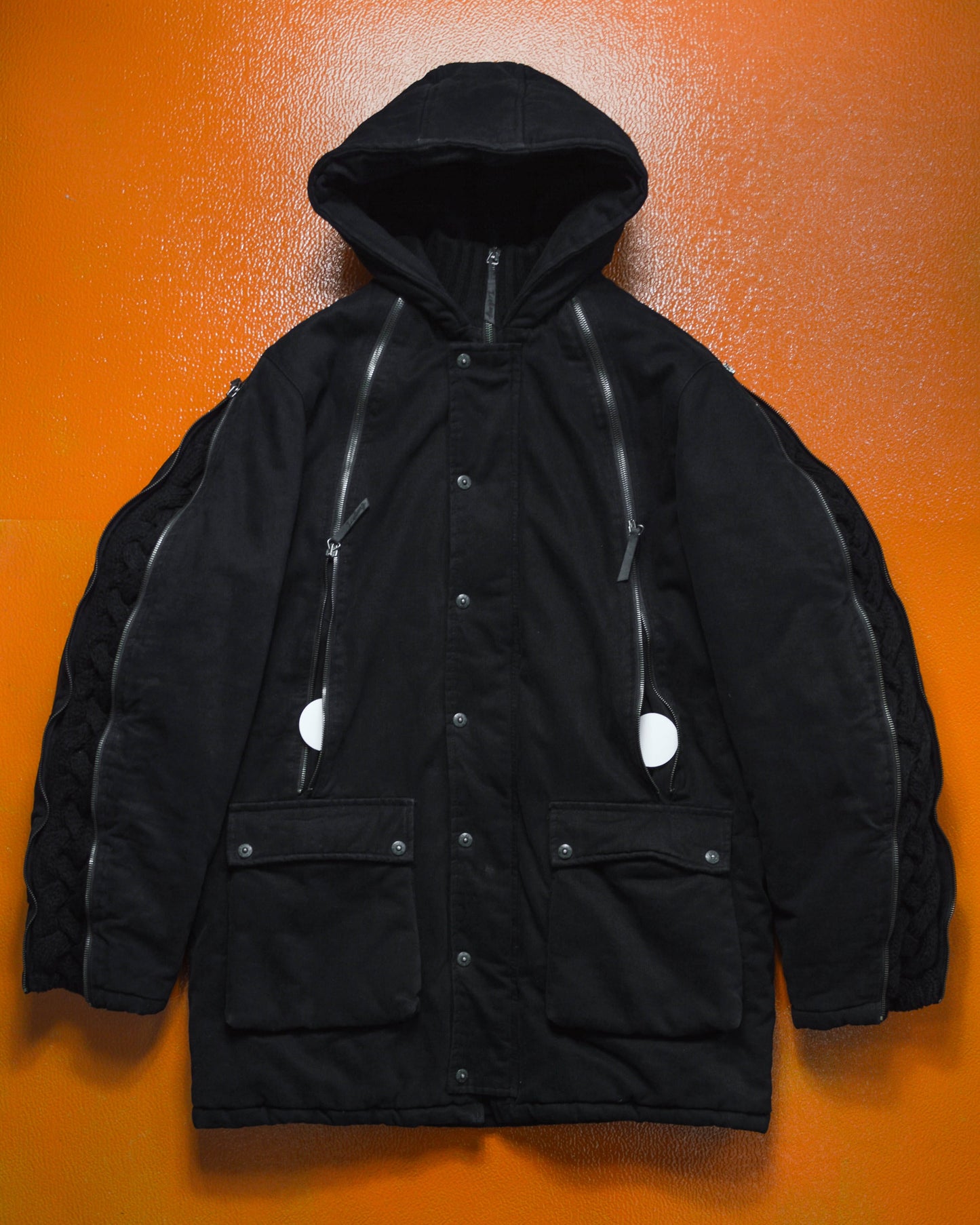 Iceberg Chunky Knit Panelled Multi Zipper Insulated Black Canvas Parka (~M~)