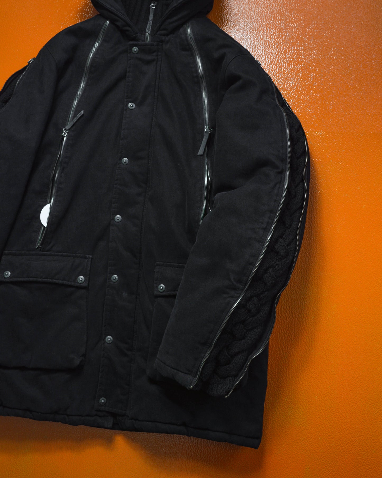 Iceberg Chunky Knit Panelled Multi Zipper Insulated Black Canvas Parka (~M~)