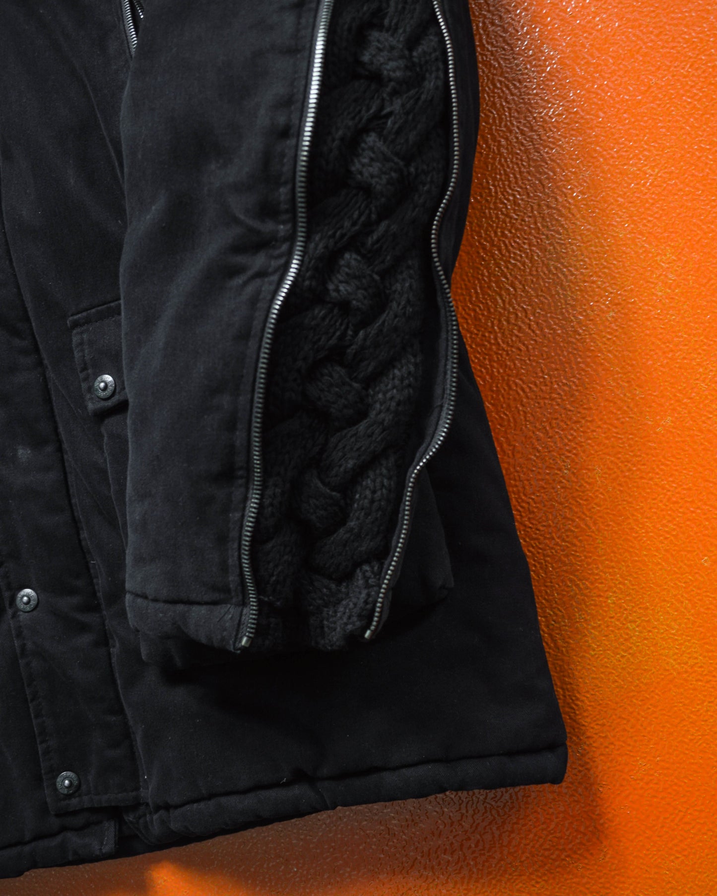 Iceberg Chunky Knit Panelled Multi Zipper Insulated Black Canvas Parka (~M~)