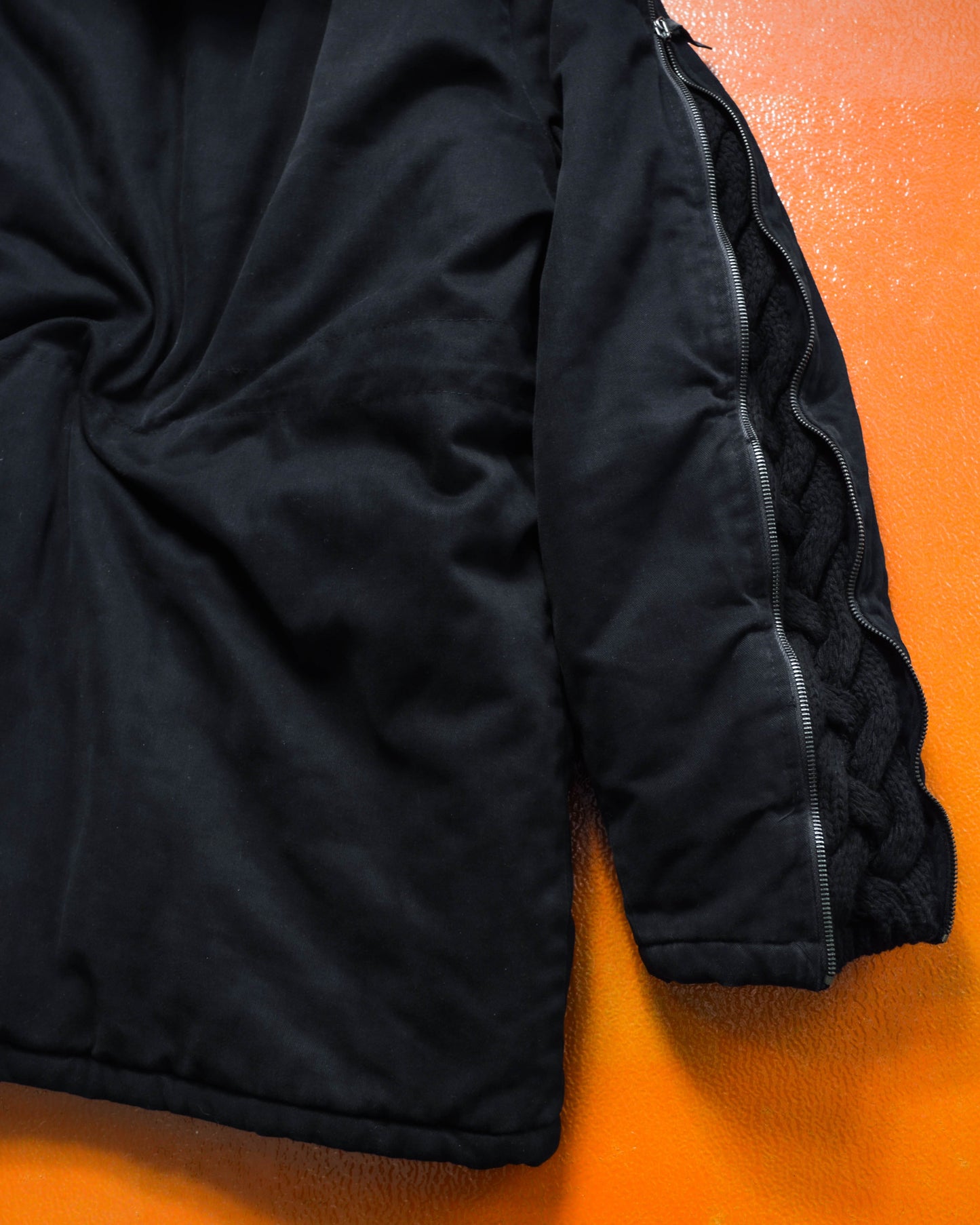 Iceberg Chunky Knit Panelled Multi Zipper Insulated Black Canvas Parka (~M~)