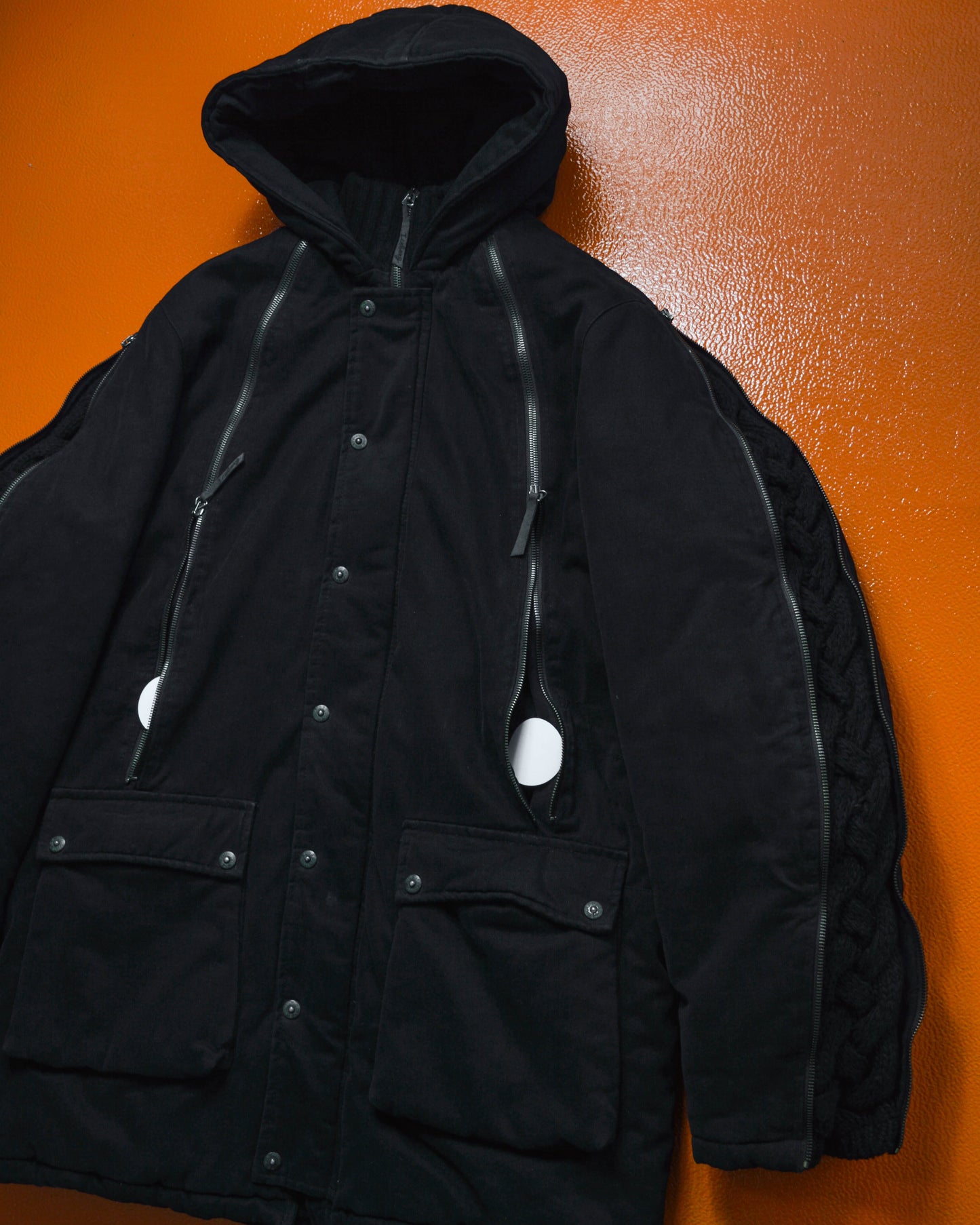 Iceberg Chunky Knit Panelled Multi Zipper Insulated Black Canvas Parka (~M~)