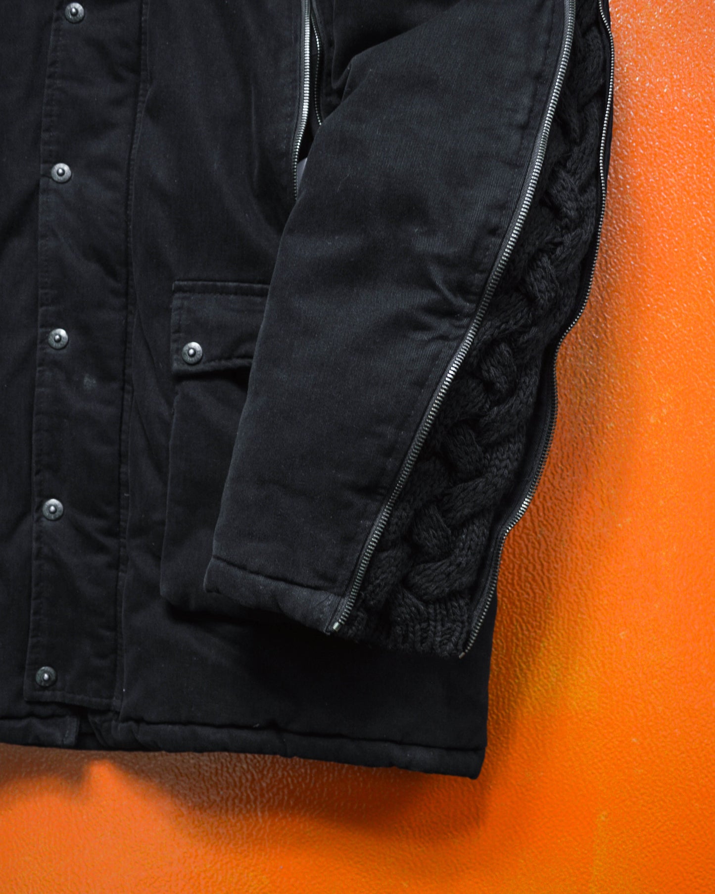 Iceberg Chunky Knit Panelled Multi Zipper Insulated Black Canvas Parka (~M~)