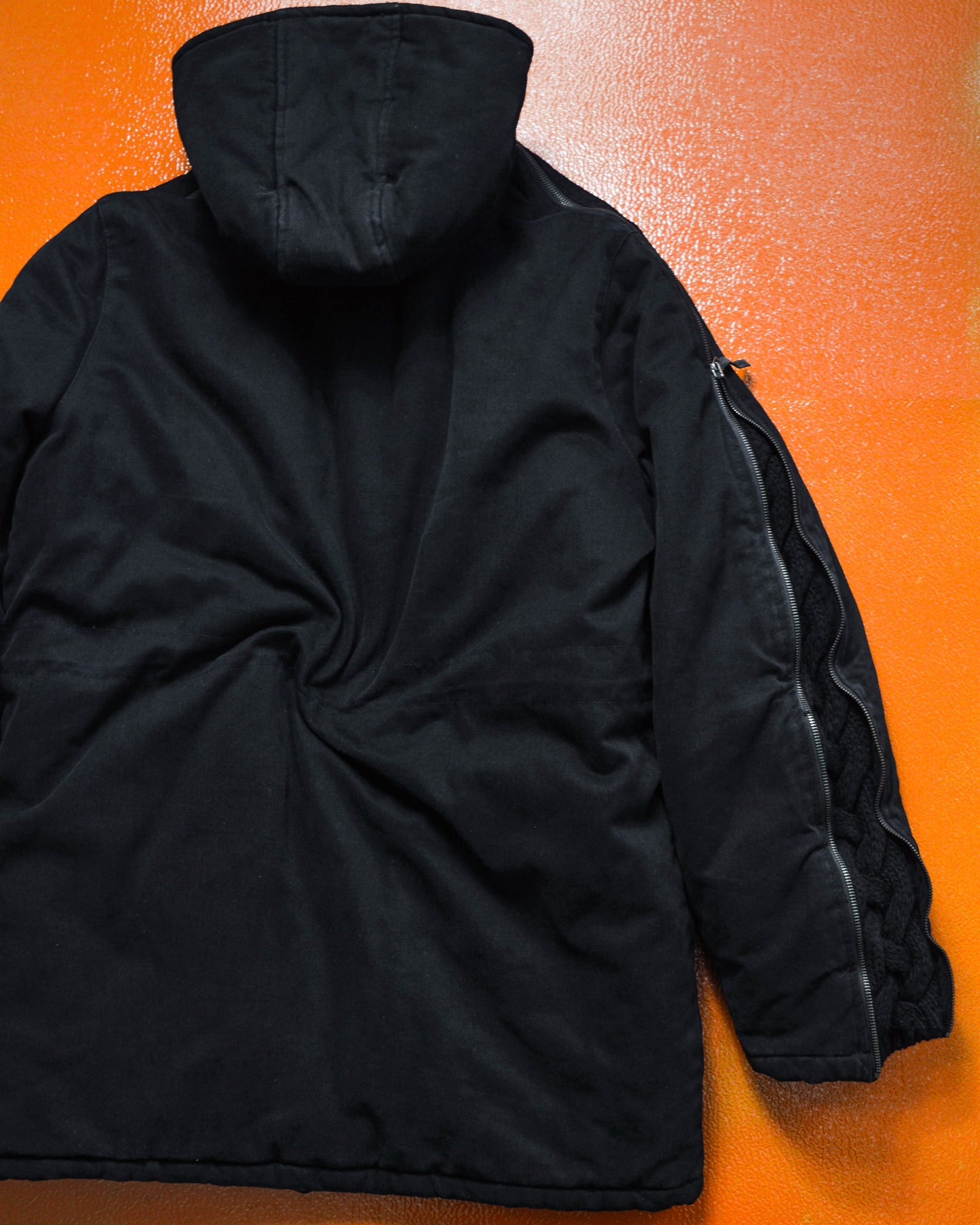 Iceberg Chunky Knit Panelled Multi Zipper Insulated Black Canvas Parka (~M~)