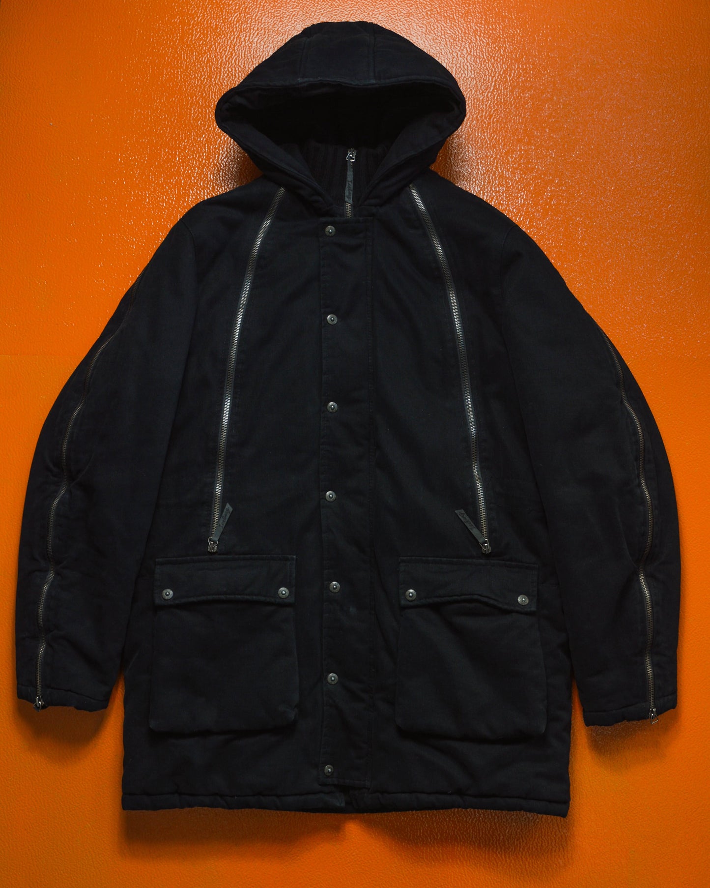 Iceberg Chunky Knit Panelled Multi Zipper Insulated Black Canvas Parka (~M~)