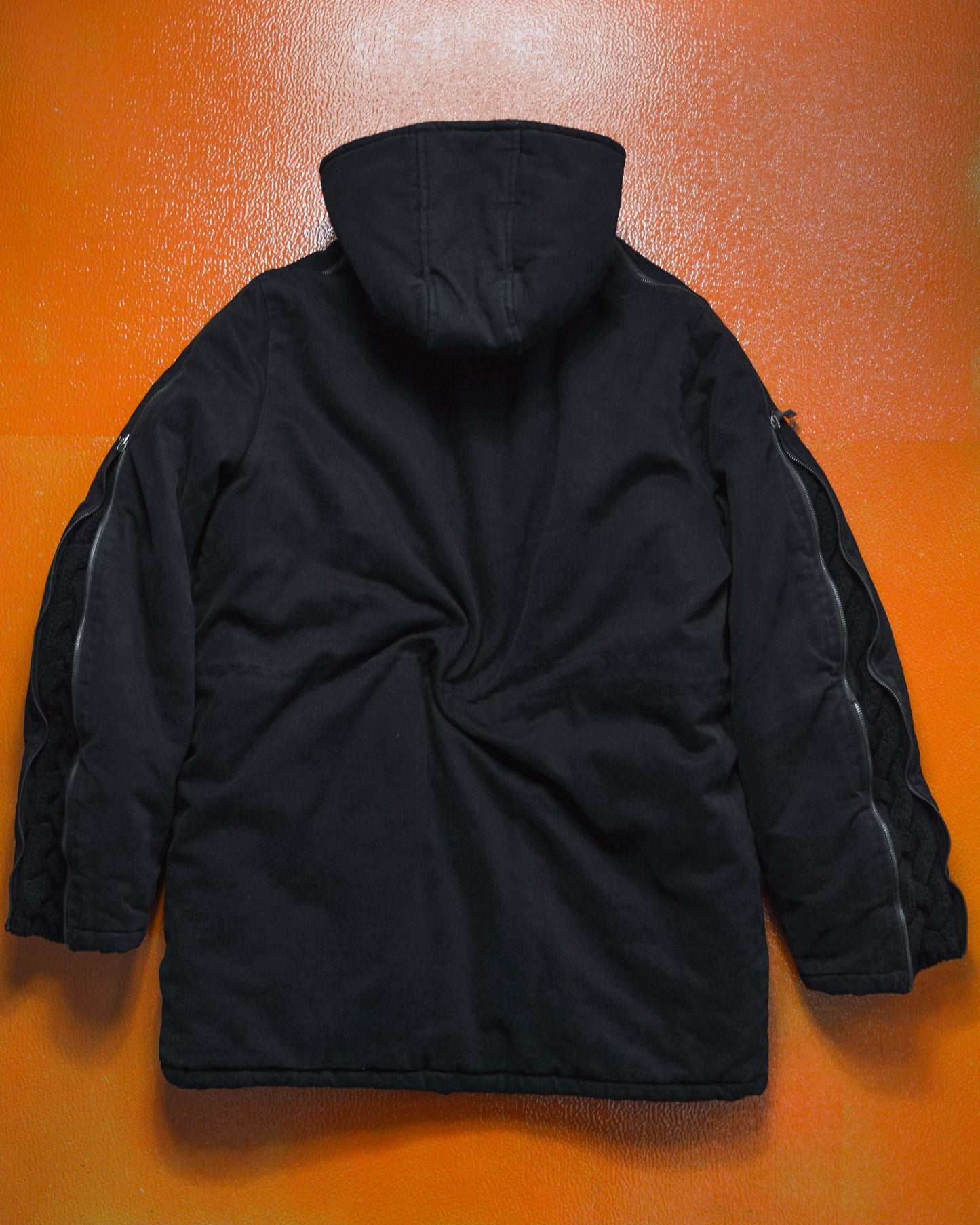 Iceberg Chunky Knit Panelled Multi Zipper Insulated Black Canvas Parka (~M~)