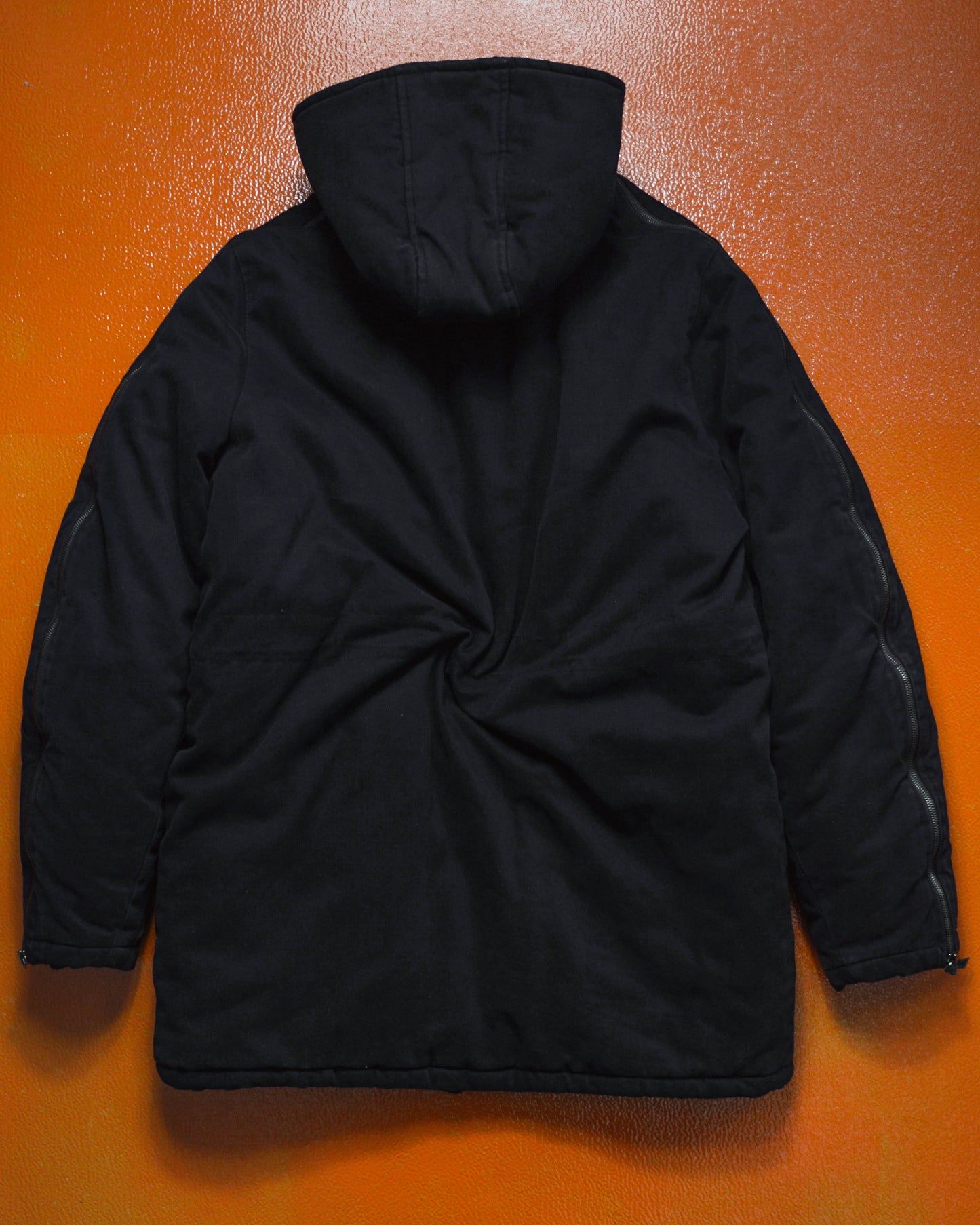 Iceberg Chunky Knit Panelled Multi Zipper Insulated Black Canvas Parka (~M~)