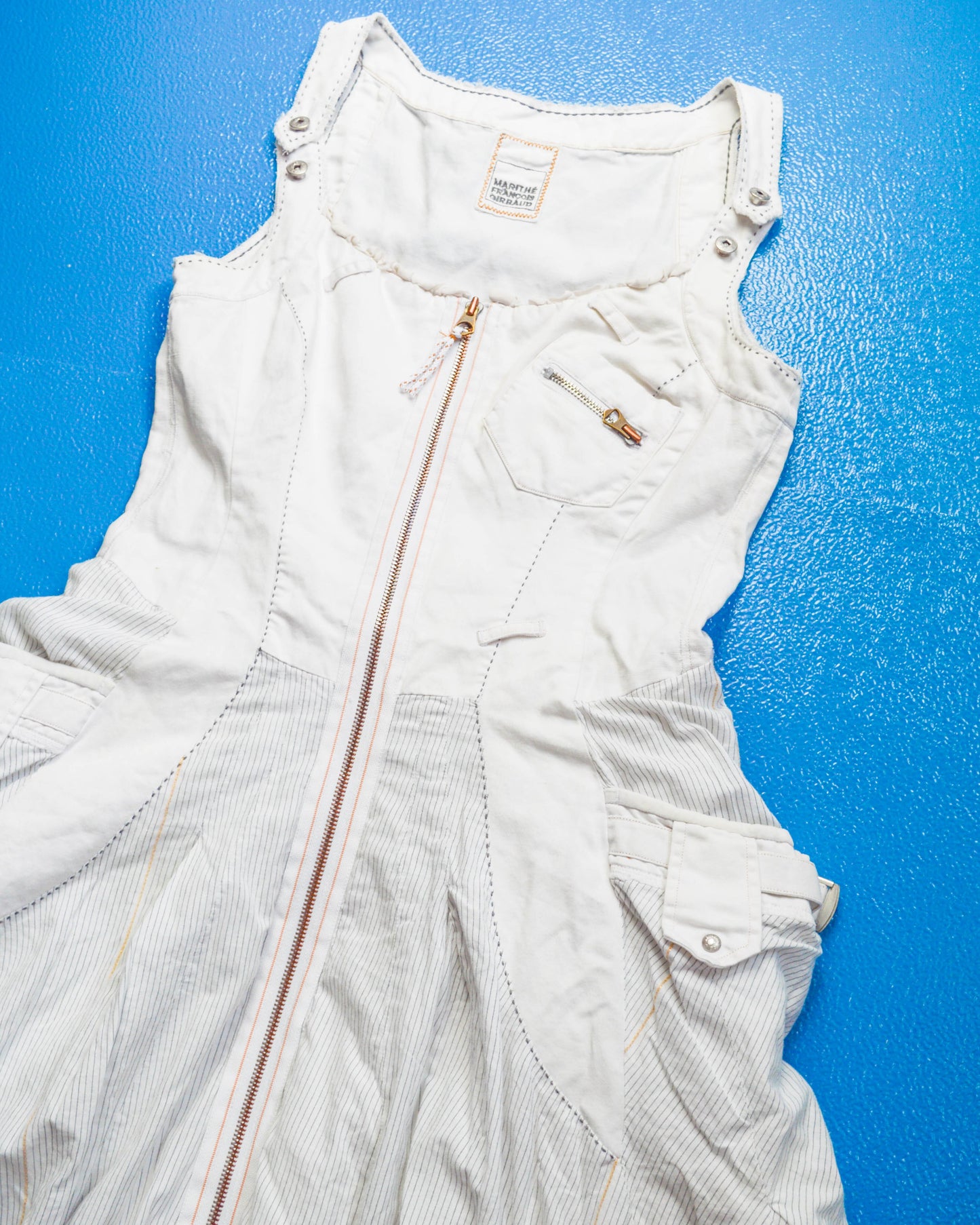 Marithe Francois Girbaud Early 2000s Cargo Pinstriped Balloon Style Cargo Pocket Zip Dress (42)