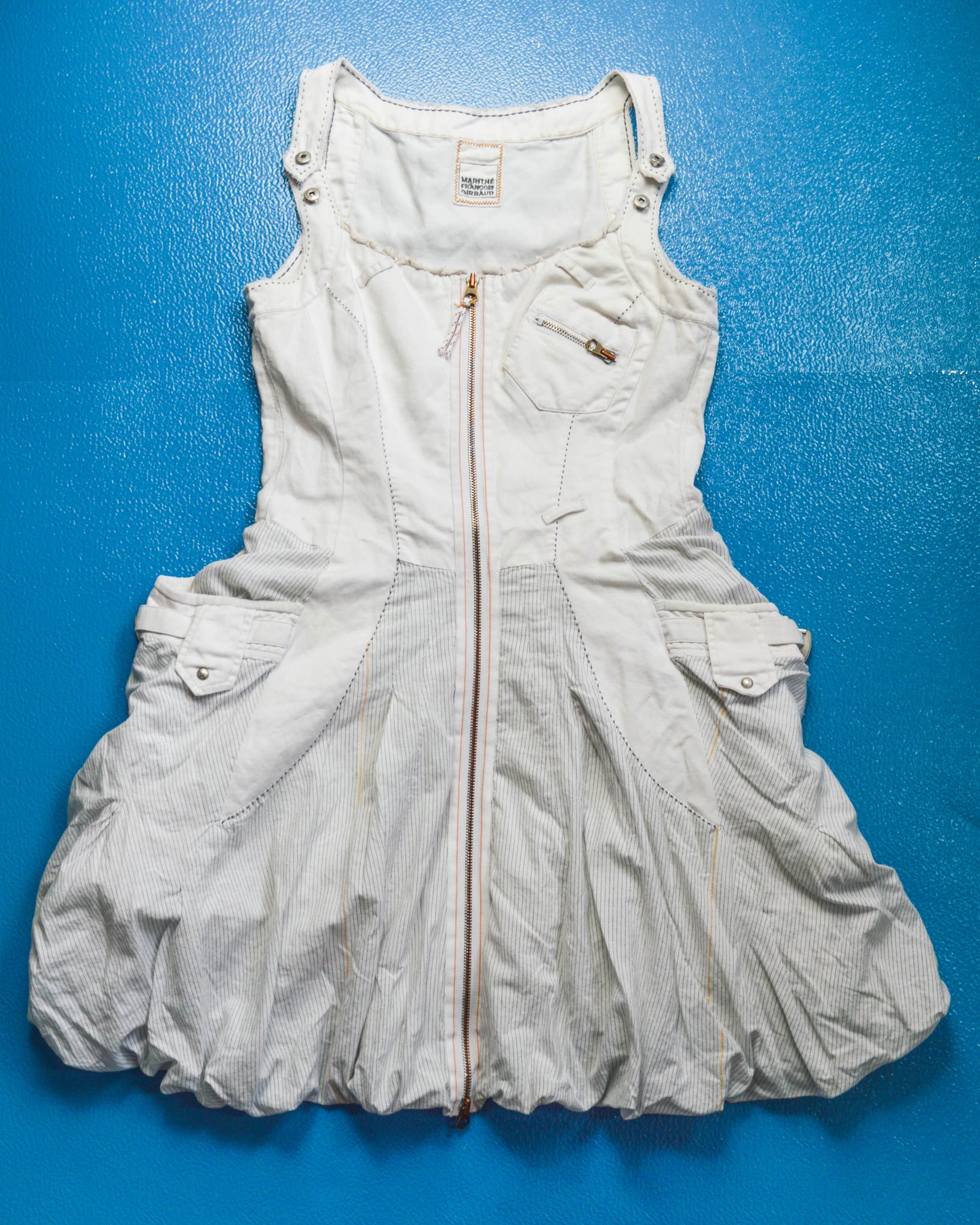Marithe Francois Girbaud Early 2000s Cargo Pinstriped Balloon Style Cargo Pocket Zip Dress (42)