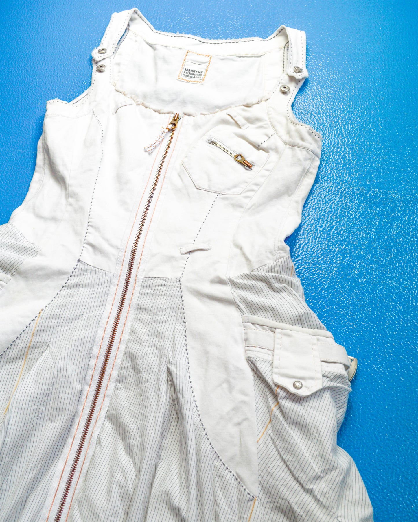 Marithe Francois Girbaud Early 2000s Cargo Pinstriped Balloon Style Cargo Pocket Zip Dress (42)