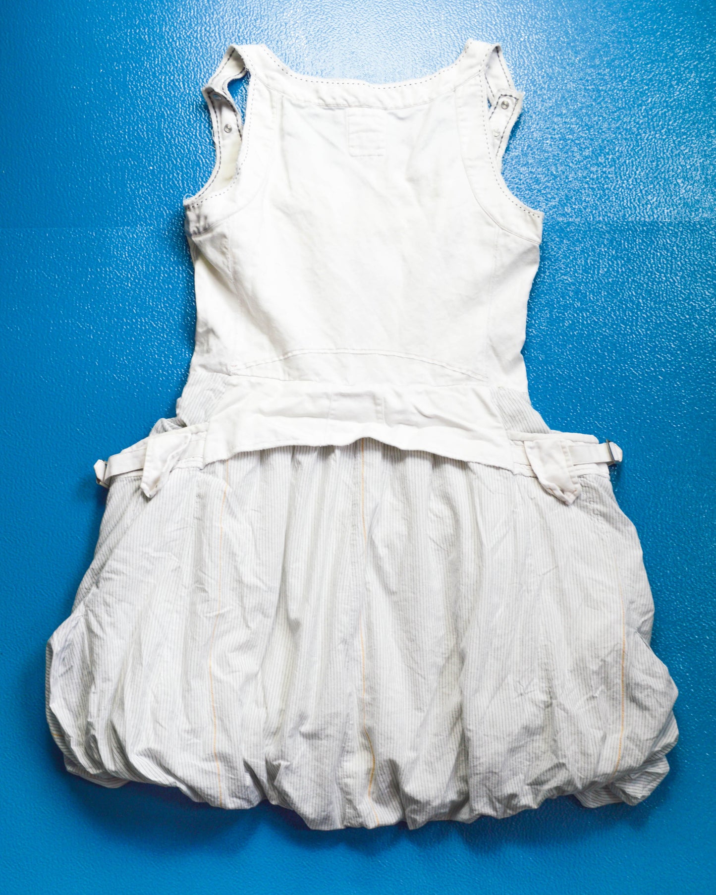 Marithe Francois Girbaud Early 2000s Cargo Pinstriped Balloon Style Cargo Pocket Zip Dress (42)