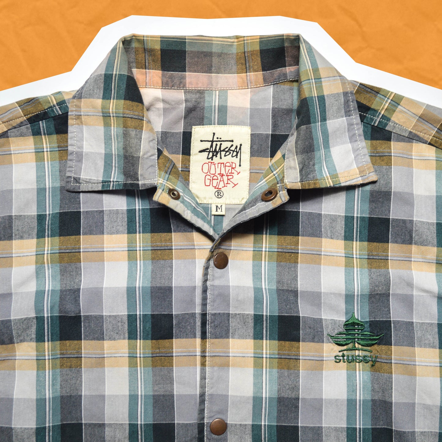 Stussy 90s Beige and Green Plaid Clover Logo Coach Jacket (L~XL)