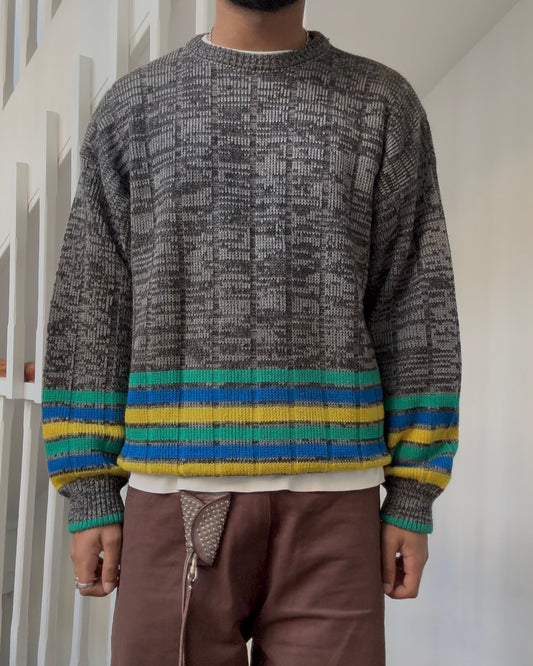 80s Abstract Noisy Grey / Striped Knit Jumper (M~L)