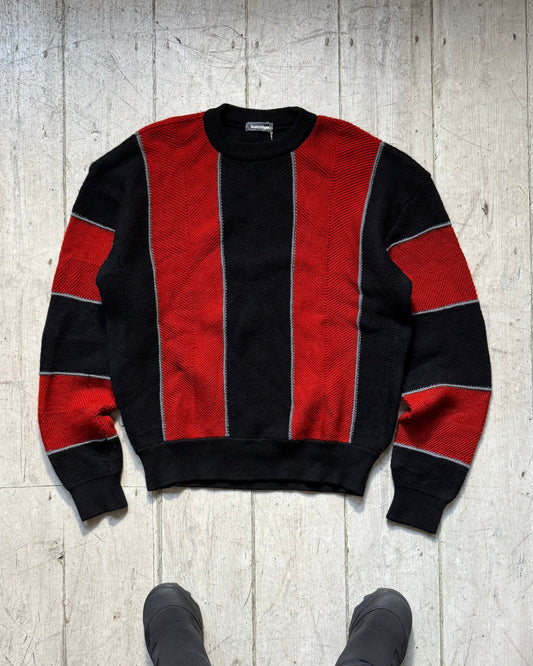 80s Red Black Vertical Oversized Striped Knit Sweater / Jumper (~L~)