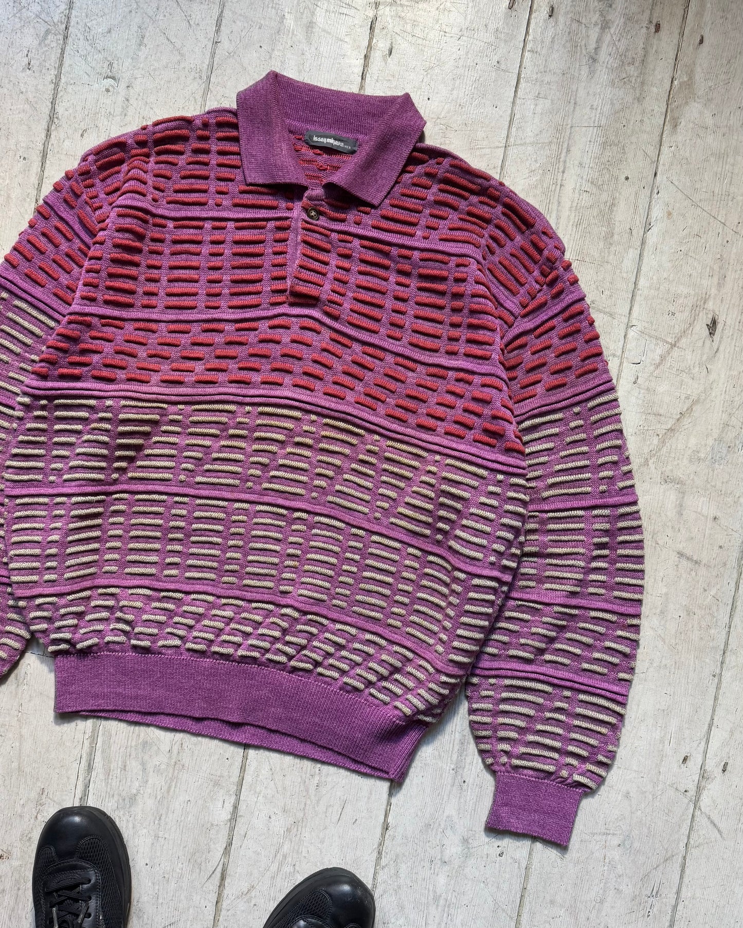 SS 1989 Purple / Red 3D Striped Pattern Knit LS Polo Jumper (~L~)