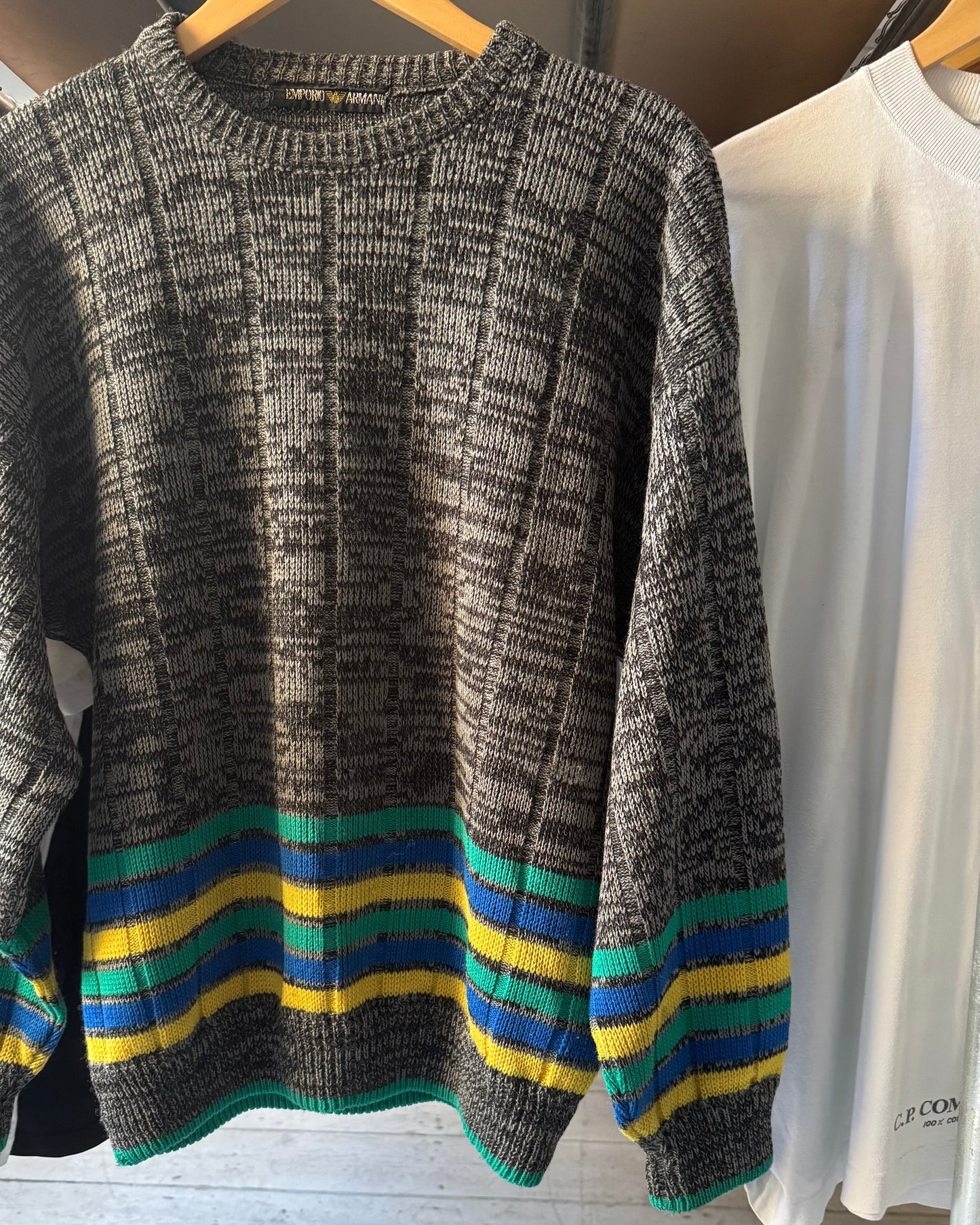 80s Abstract Noisy Grey / Striped Knit Jumper (M~L)