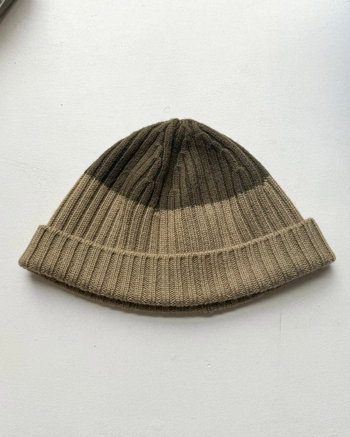 Two Tone Brown / Khaki Red Tab Beanie Hat