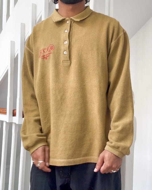 90s Honey Brown Membership Motif Longsleeve Polo Shirt / Top (~L~)