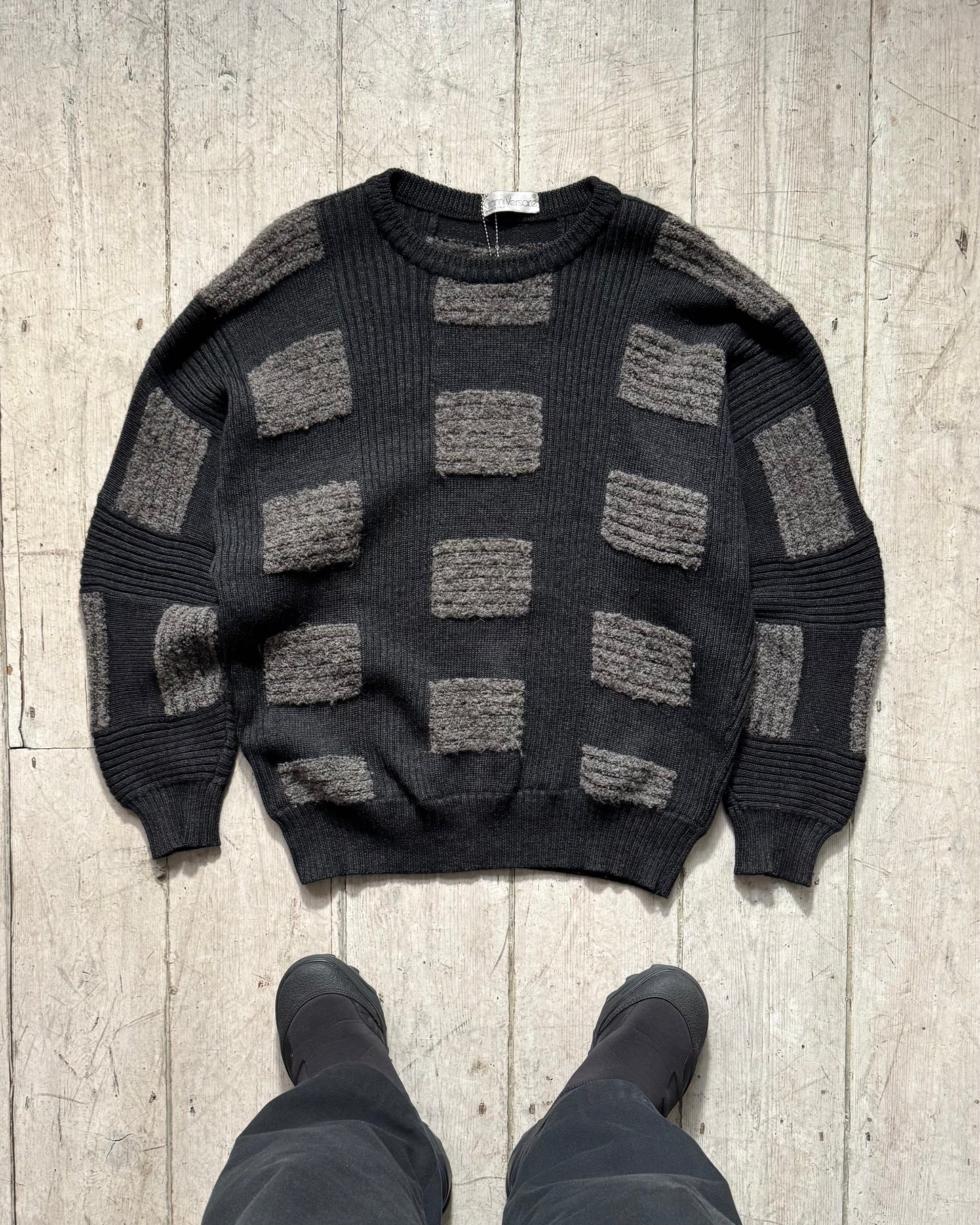 80s Grey Patch Pattern Knit Jumper  (L~XL)