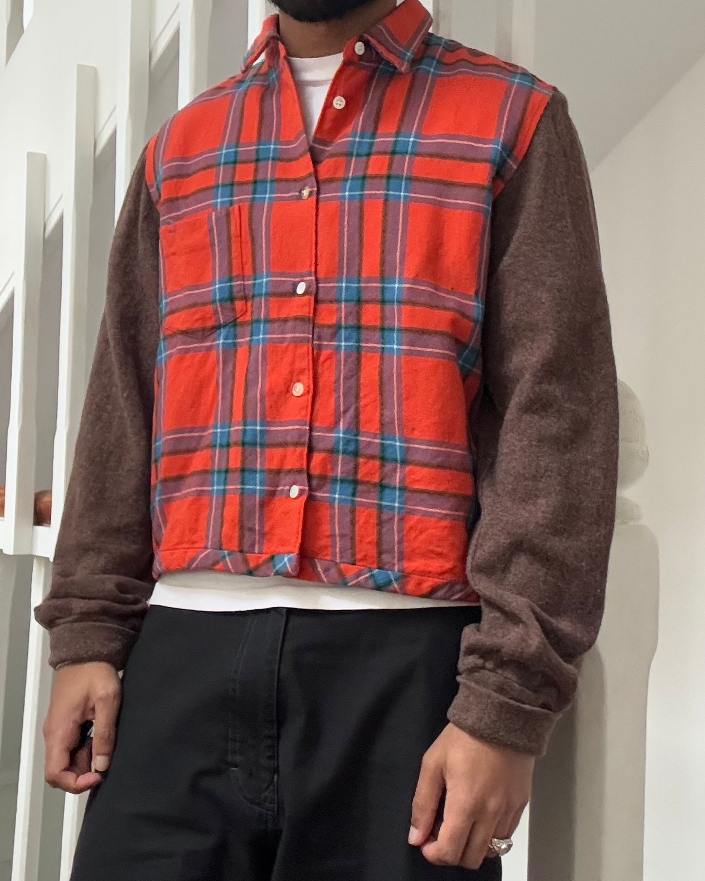 90s Red Plaid Contrast Body Wool Over Shirt  (S~M)