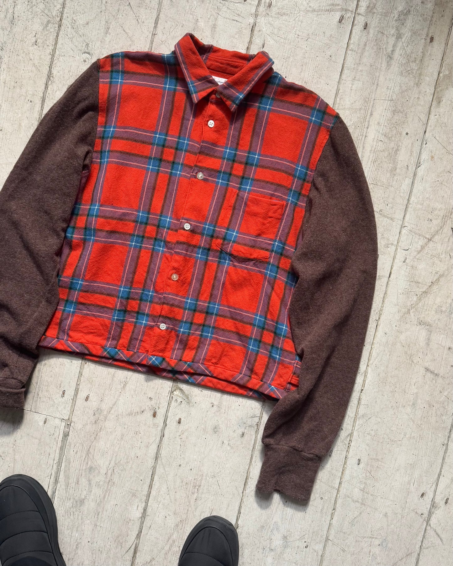 90s Red Plaid Contrast Body Wool Over Shirt  (S~M)