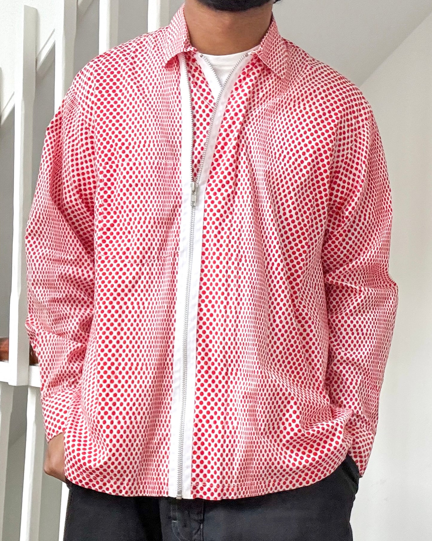 90s Red Polka Dot Double Zip Up Shirt  (M~L)