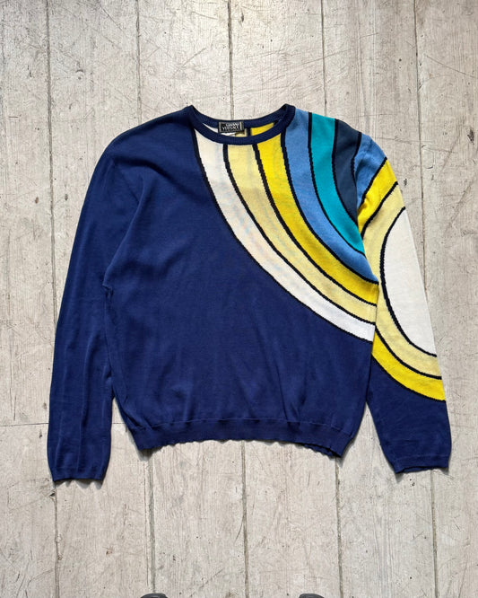 90s Blue Asymmetrical Ripple Pattern Knit Jumper (~M~)