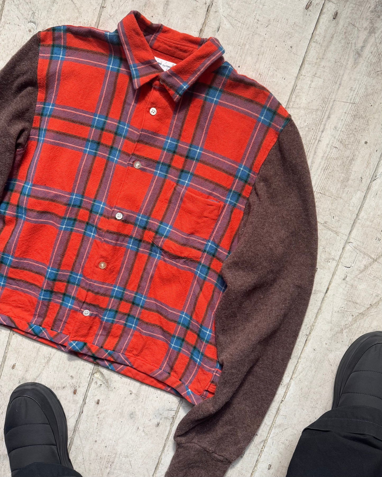 90s Red Plaid Contrast Body Wool Over Shirt  (S~M)